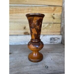 Vintage Hand Carved Wood ‎ Bud Vase Folk Art Decor Flower Design
